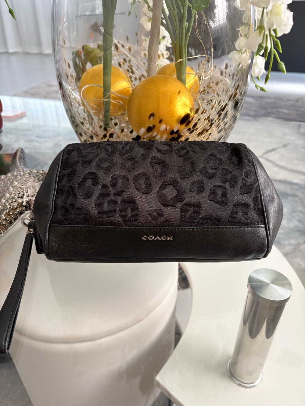 Coach Black Leopard Jacquard Wristlet Cosmetic Pouch